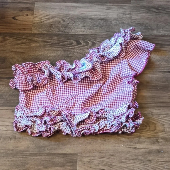 Lovers + Friends Red Gingham Ruffle Single Shoulder Crop Top BBB - Picture 1 of 6